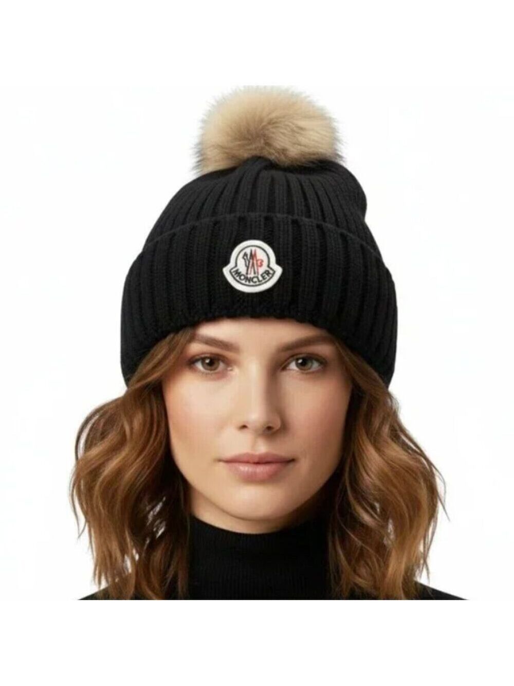 M Style Real Fox Fur Pom Pom Black Knit Beanie – Women’s Winter Hat 09/16